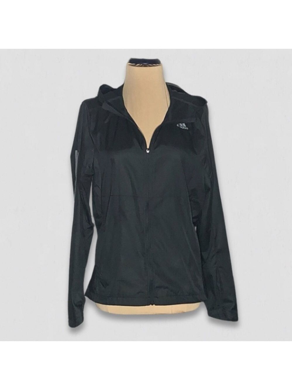 Adidas Black Windbreaker Jacket Hooded Zip Pockets Small